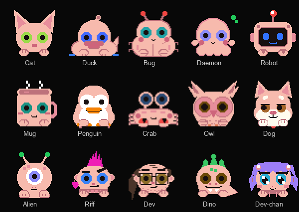 Os 15 pets do Miblo lado a lado, em pixel art